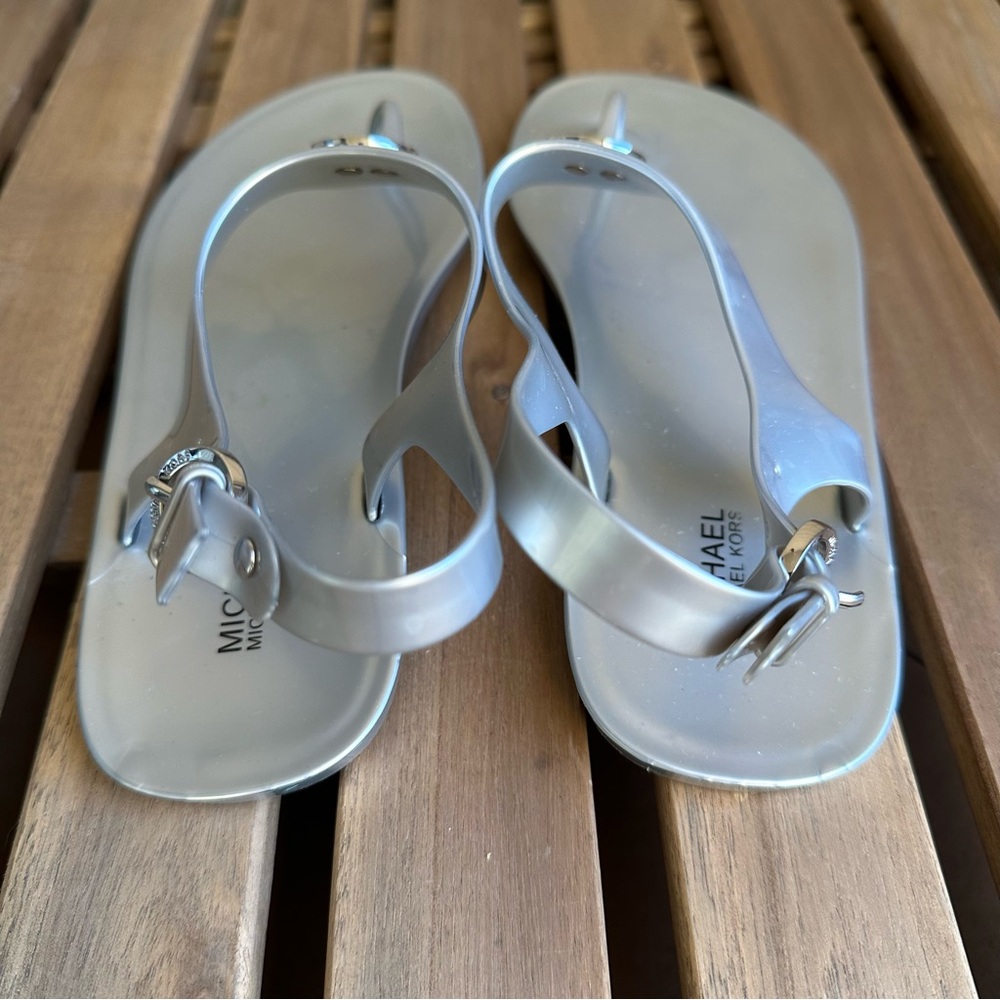 Michael Kors Silver MK Logo Jelly Ankle Strap Sandals - Picture 3 of 7